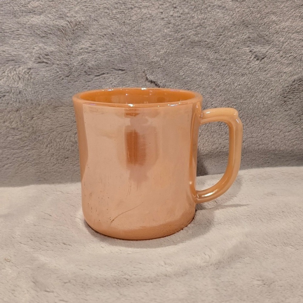 Vintage Fire-King Peach Luster D-Handle Coffee Mug Milk Glass Iridescent MCM